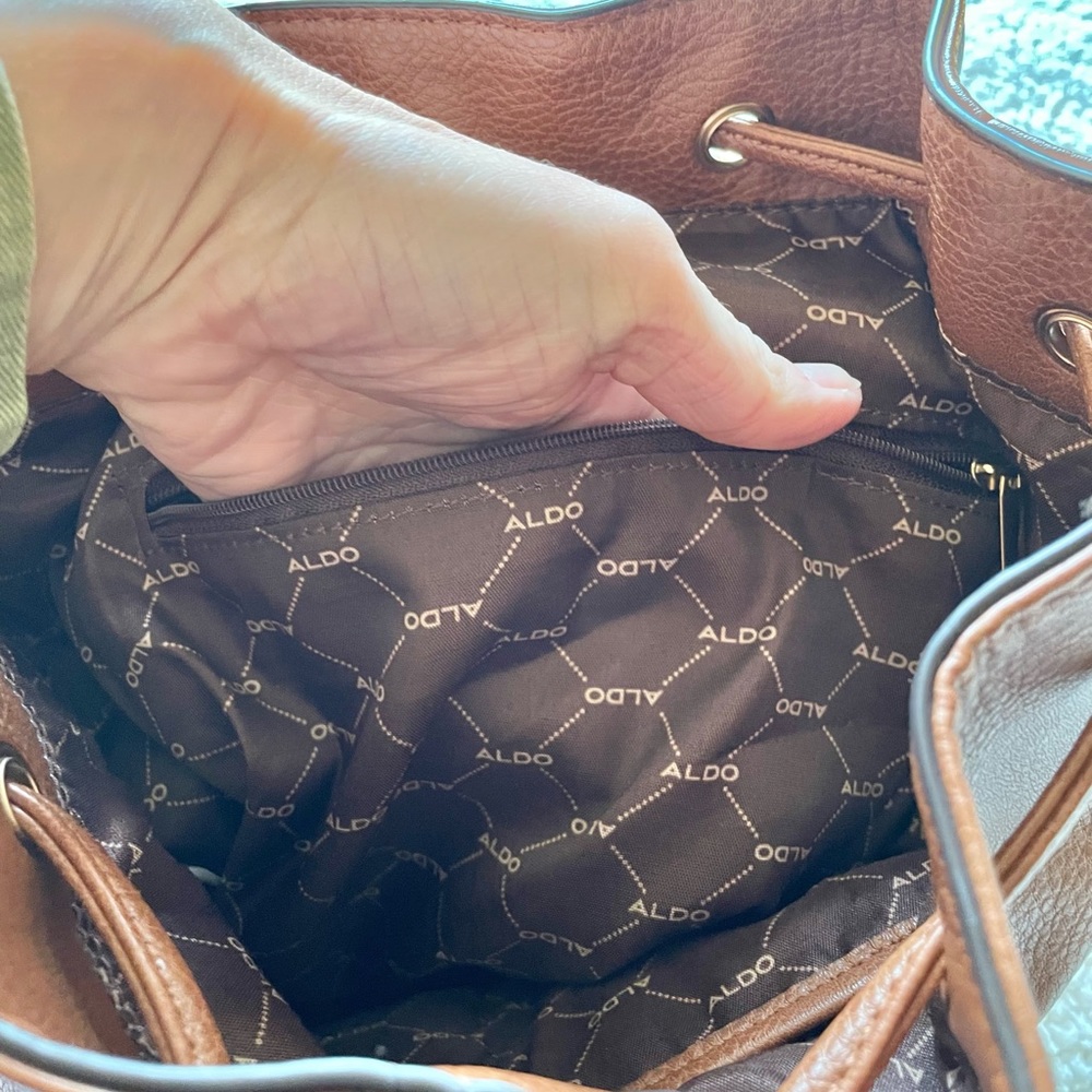 ALDO Drawstring Brown Backpack Adjustable Straps Snap Flap Closure - Picture 6 of 16